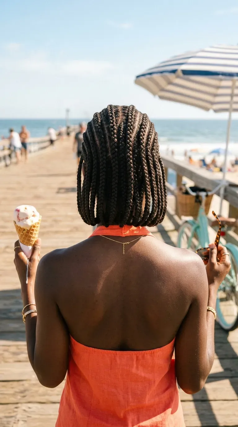 Short bob length braids with a center cornrow seen from behind on a boardwalk