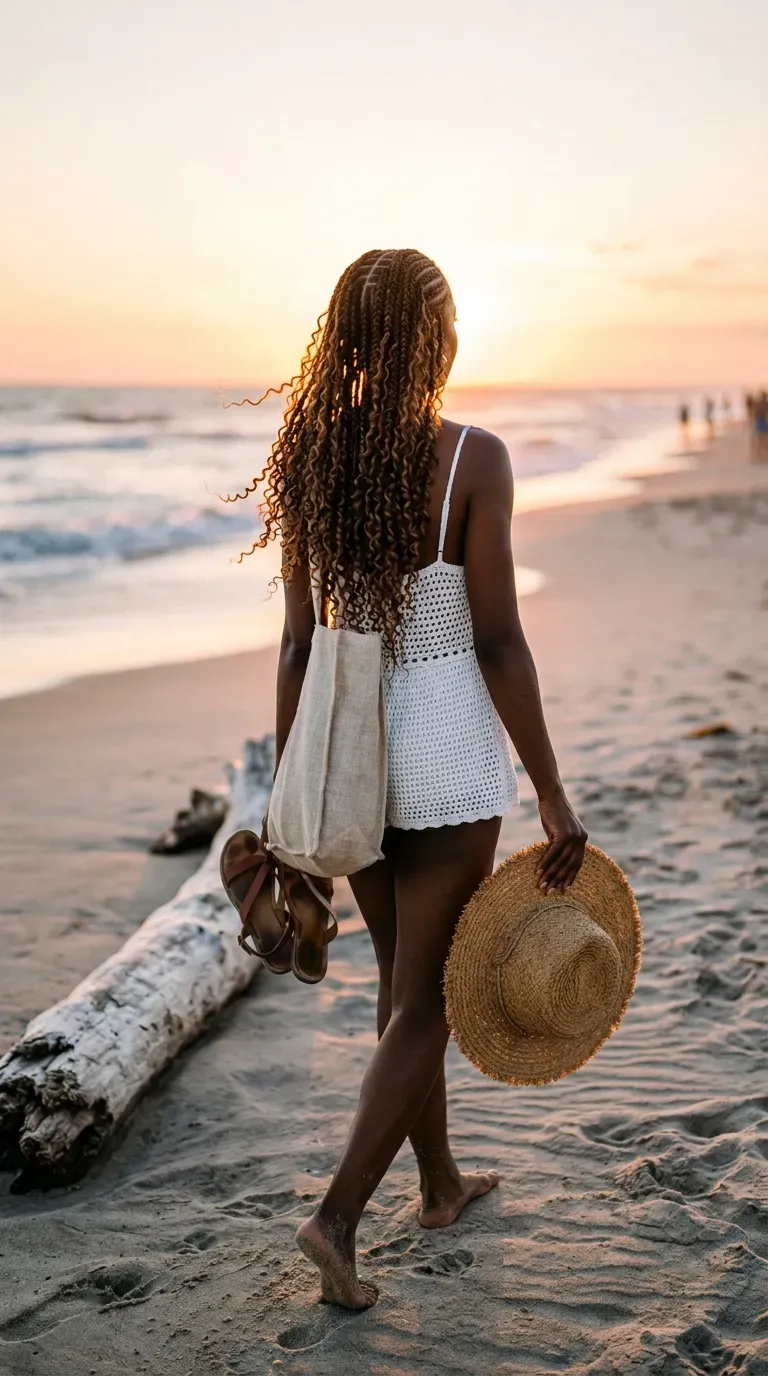 Boho braids with loose curly strands seen from behind on a beach at sunset