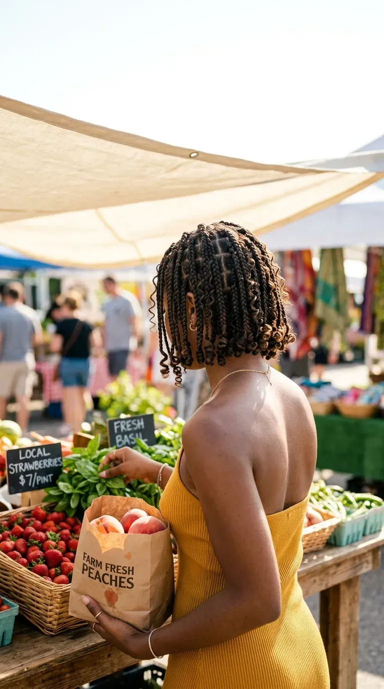 Short boho knotless bob grazing the jaw, seen three quarter from behind at a market