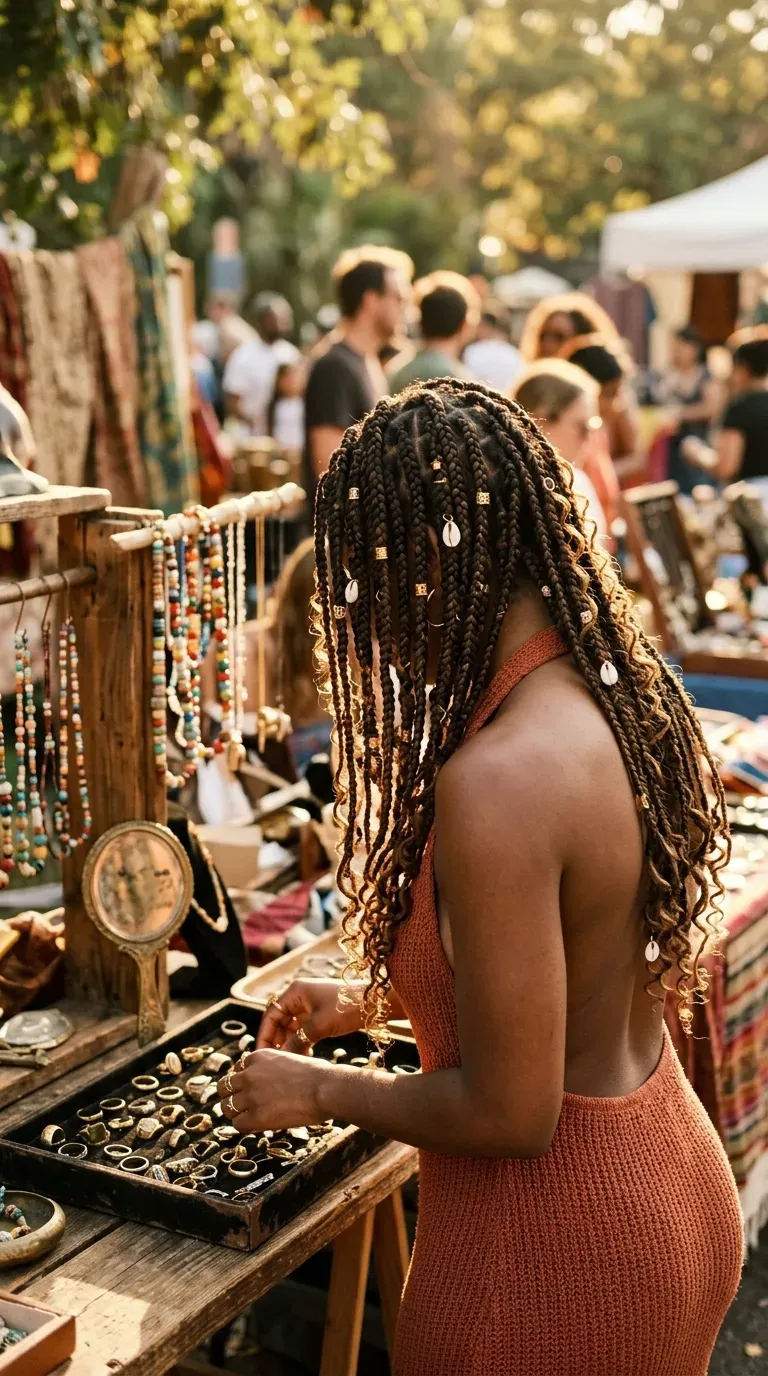Boho knotless braids decorated with gold cuffs and cowrie shells at a market stall
