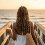 Mid-back boho knotless braids with curls throughout on a woman at a beach boardwalk