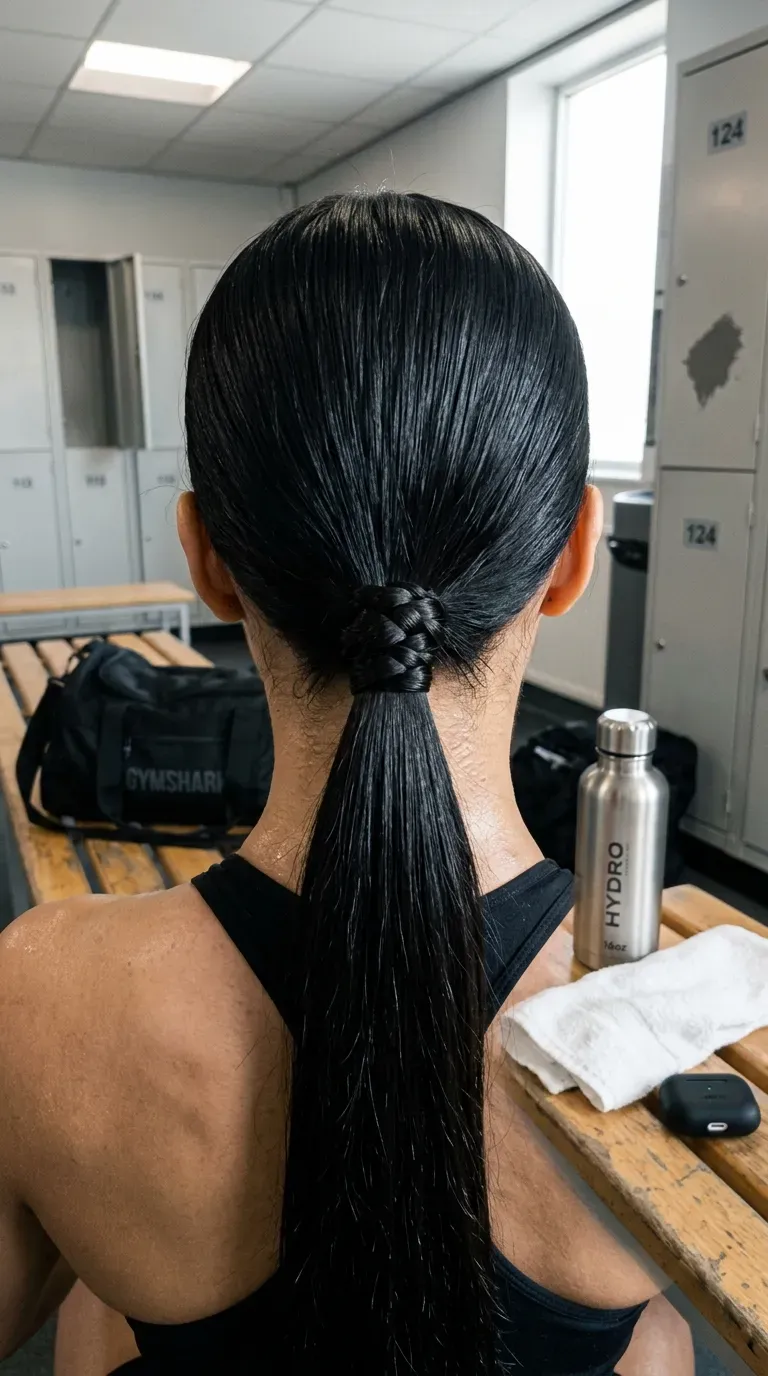Close up of a thin braid wrapped around a sleek ponytail to hide the elastic
