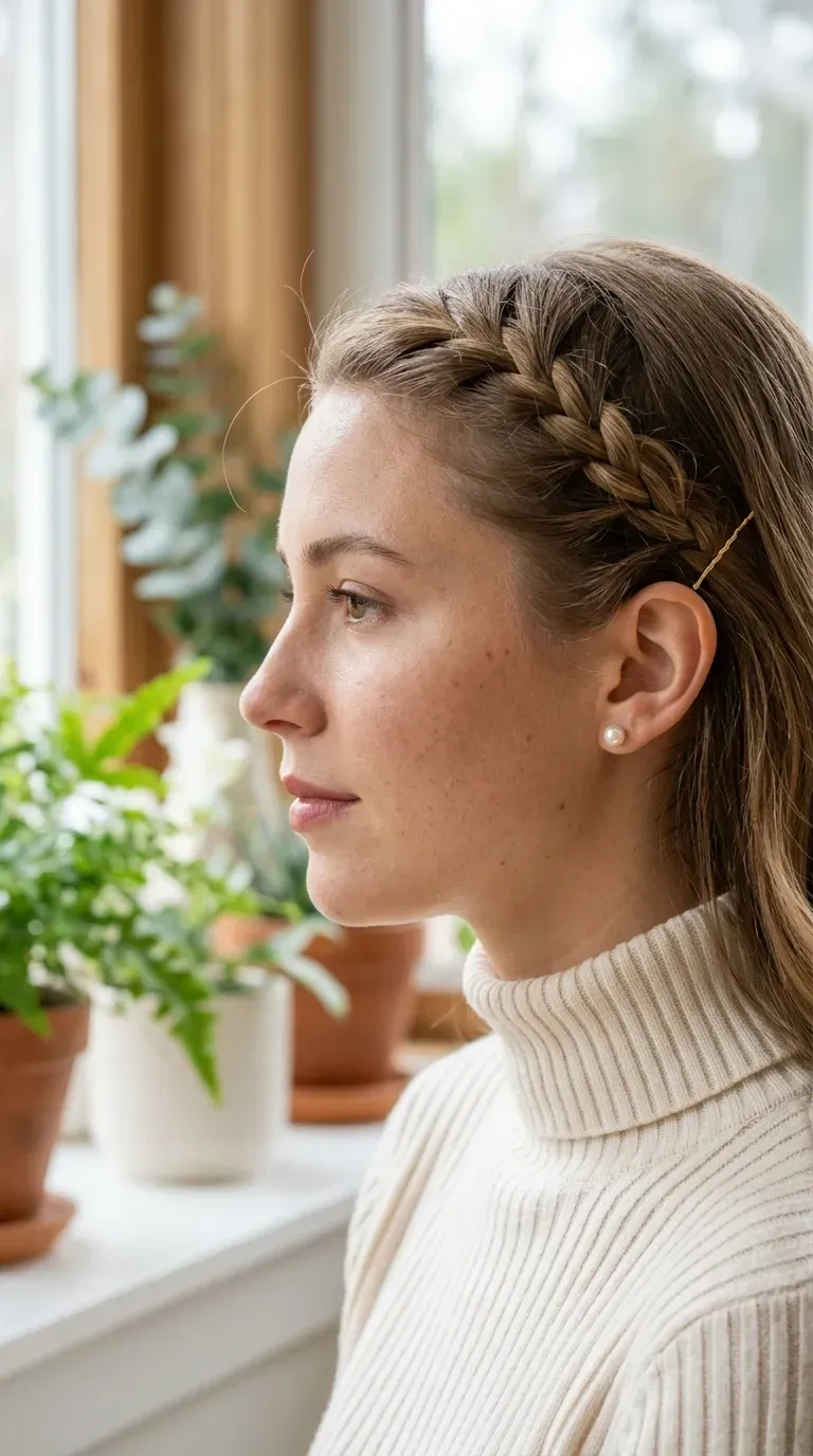 Close profile of grown out bangs braided back and pinned behind the ear