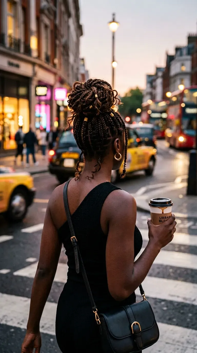 Braids swept into a high bun seen from behind on a city street at dusk
