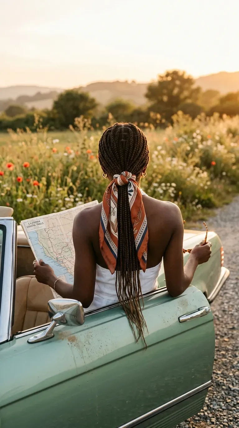 Long braids tied low at the nape with a silk scarf beside a vintage car