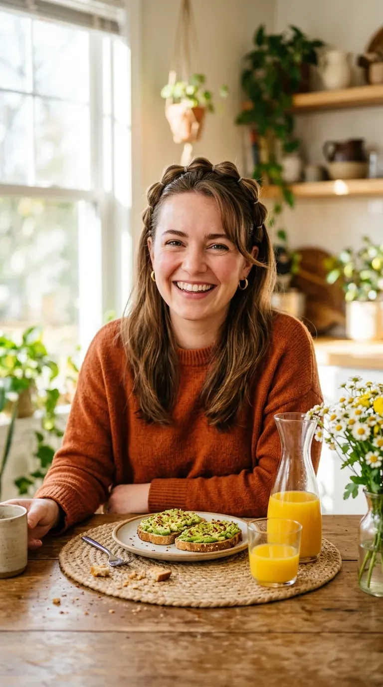 Woman with a bubble braid headband holding growing out bangs away from her face
