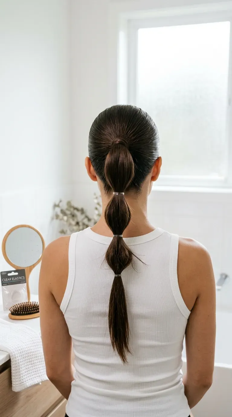 Back view of a high bubble braid ponytail with evenly spaced clear elastics