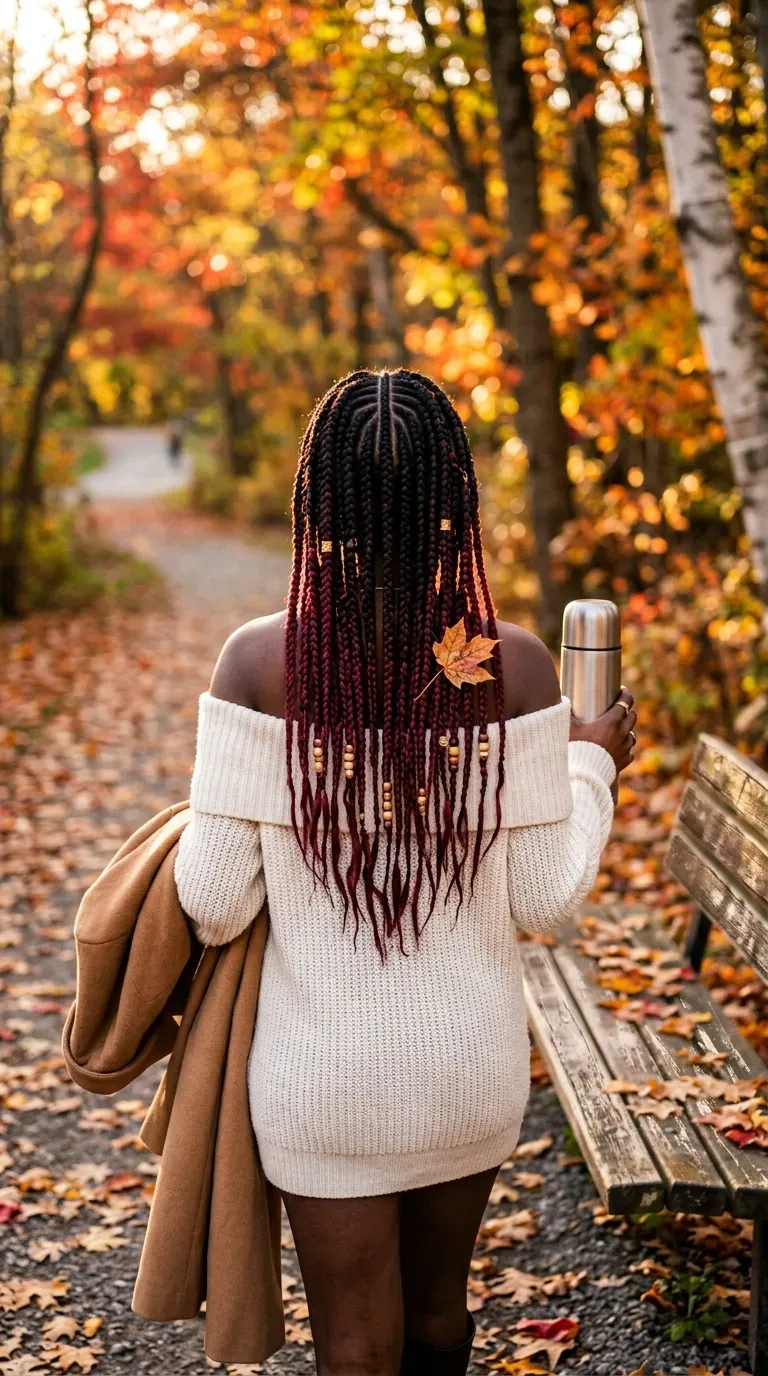 Black and burgundy braids with a center cornrow seen from behind in autumn