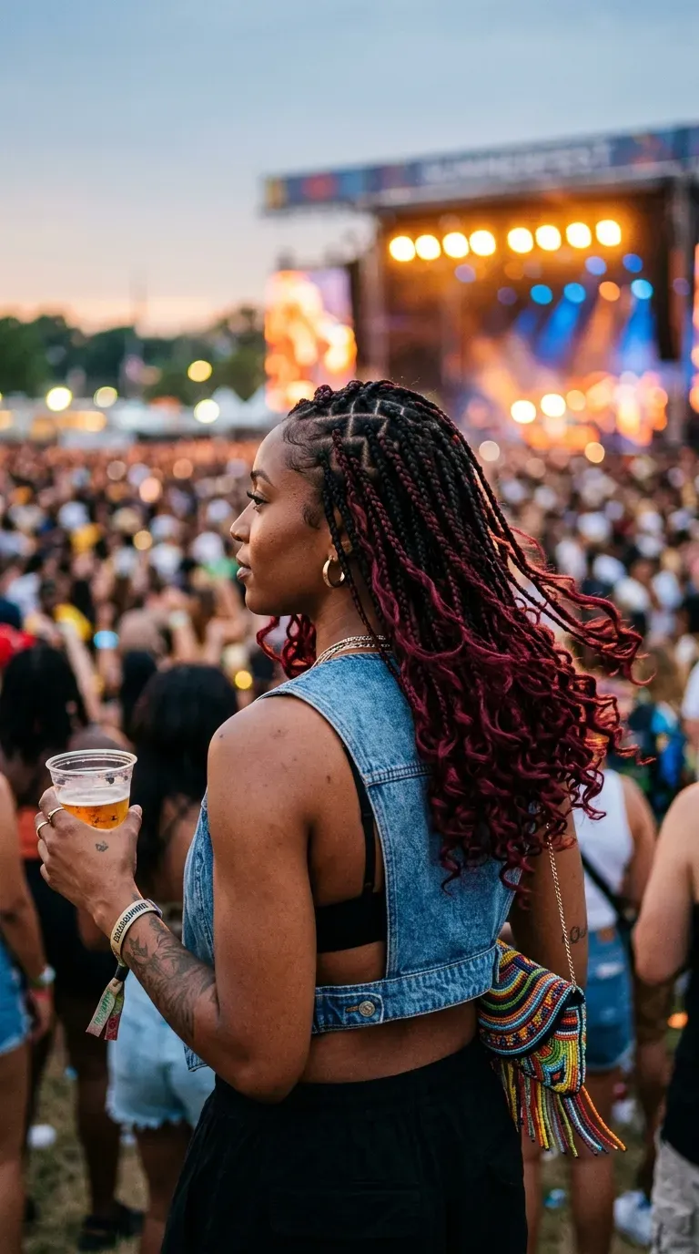 Black knotless braids with burgundy peekaboo underneath, seen from behind at a concert