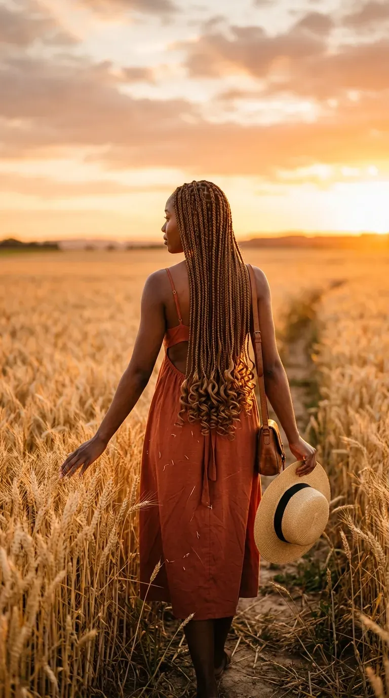 Extra long knotless braids with curly ends only, seen from behind in a wheat field