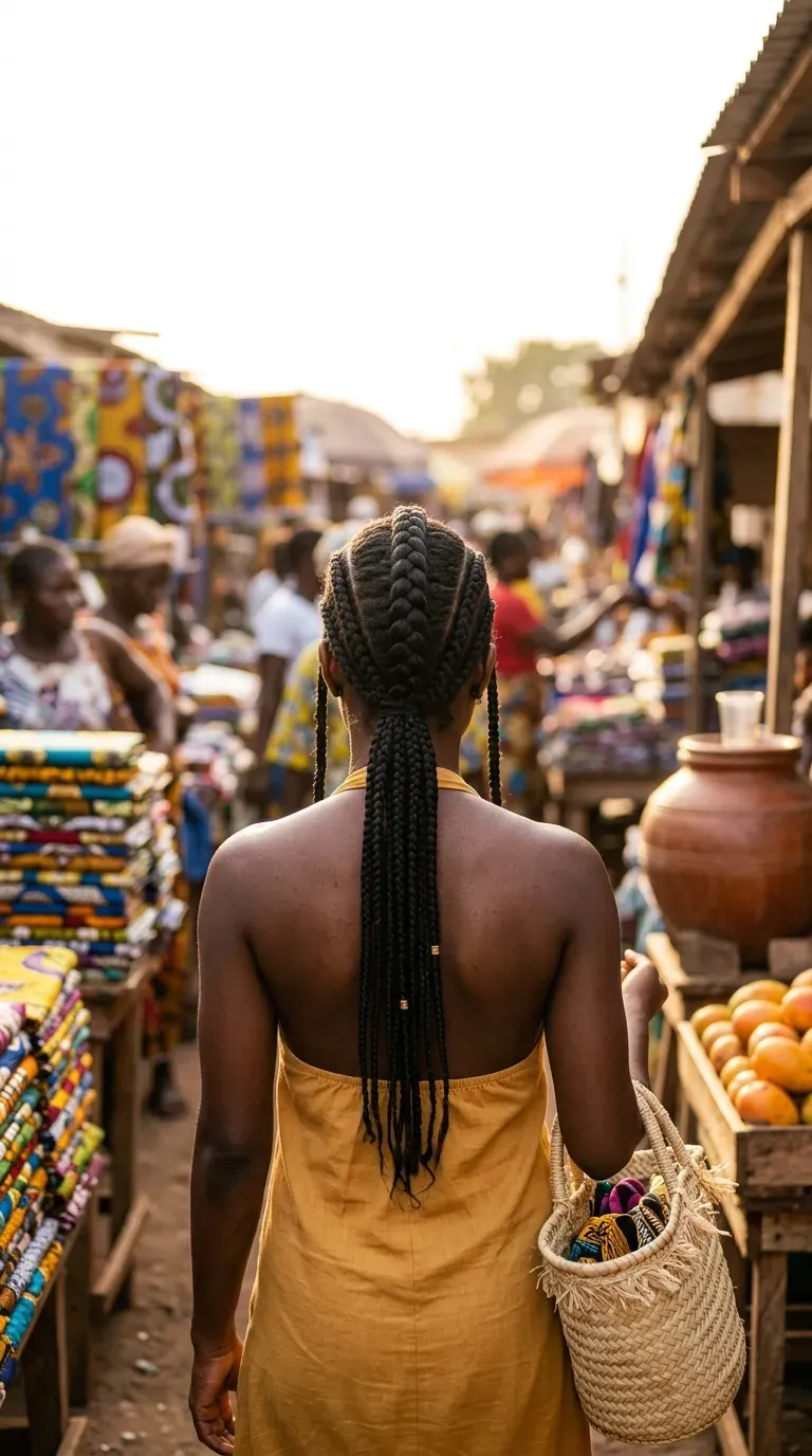 Back view of classic fulani braids styles with one center cornrow at a market