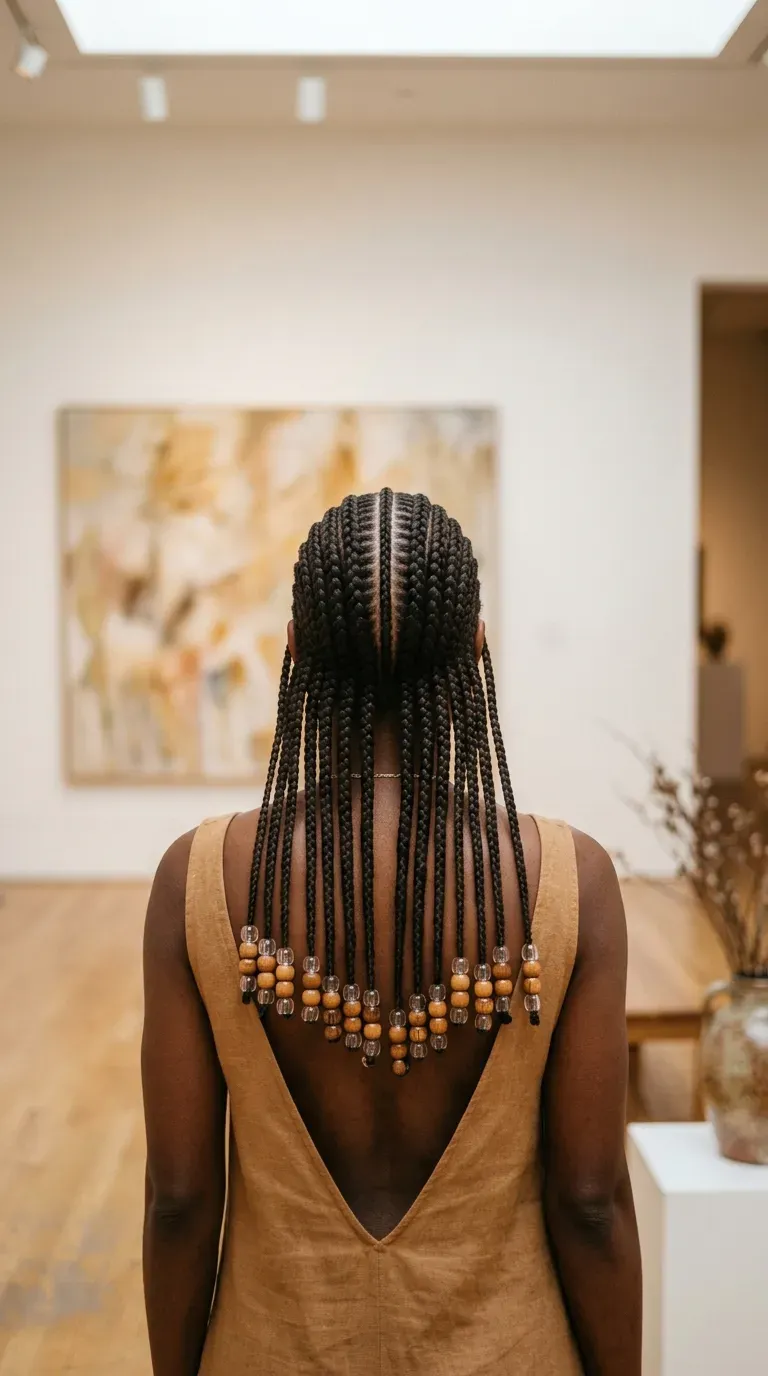 Long braids finished with clear and wooden beads seen from behind in an art gallery