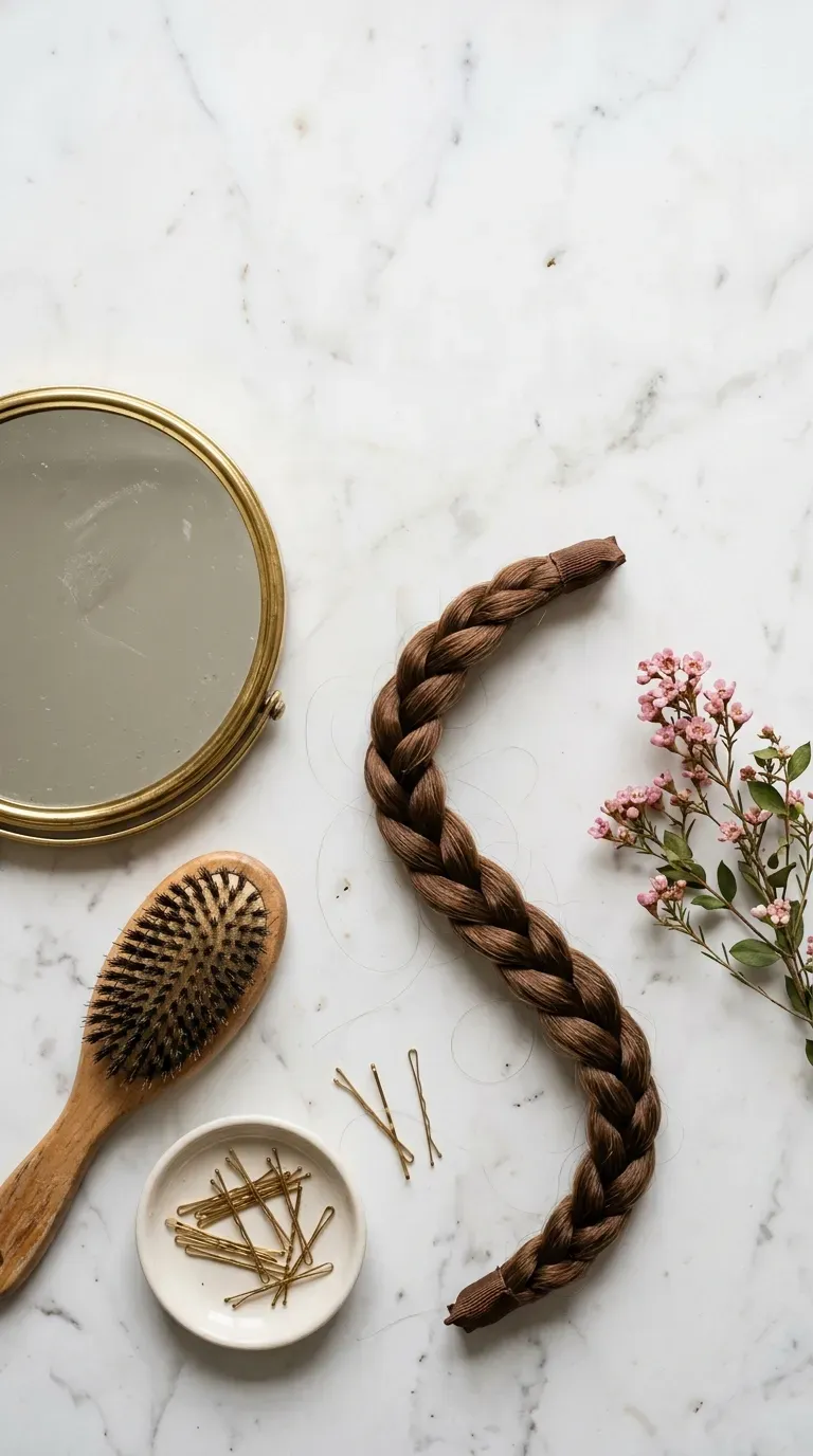 Overhead flat lay of a clip in braided headband with a brush and pins
