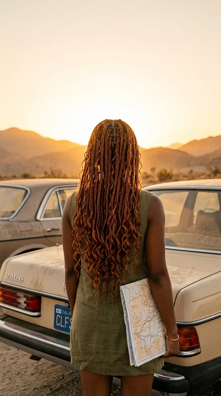 Copper boho knotless braids with curly ends on a woman at a desert sunset