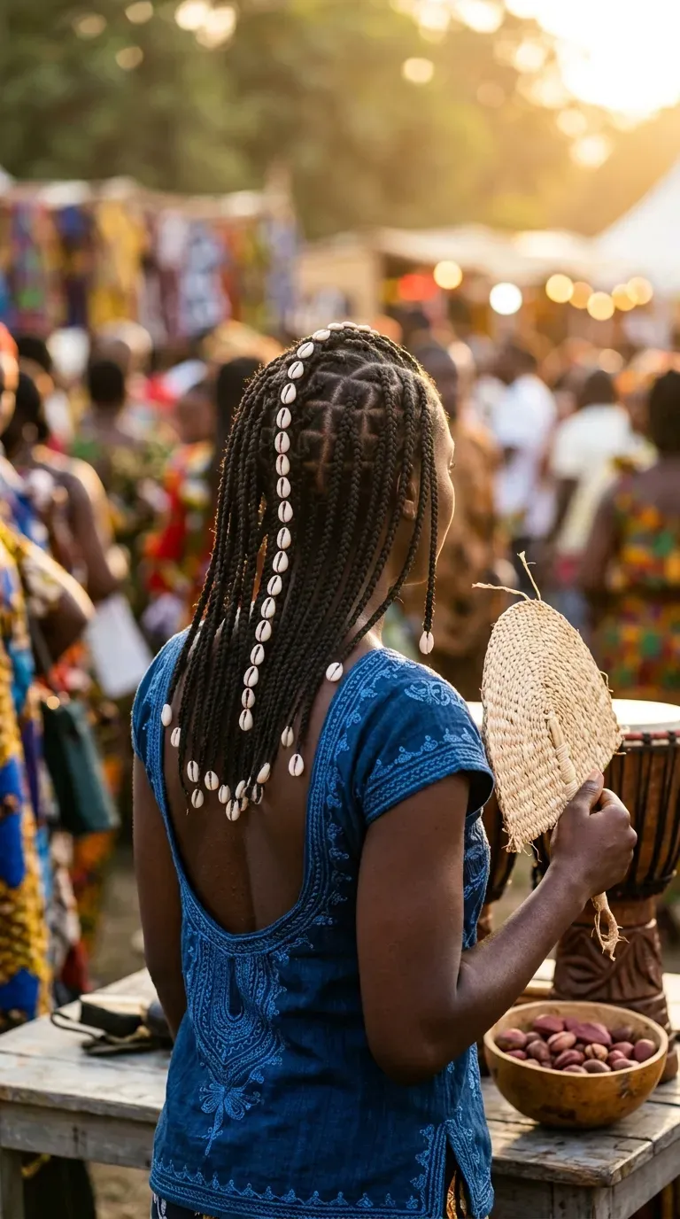 Cowrie shells threaded onto a center braid at an outdoor festival, back view