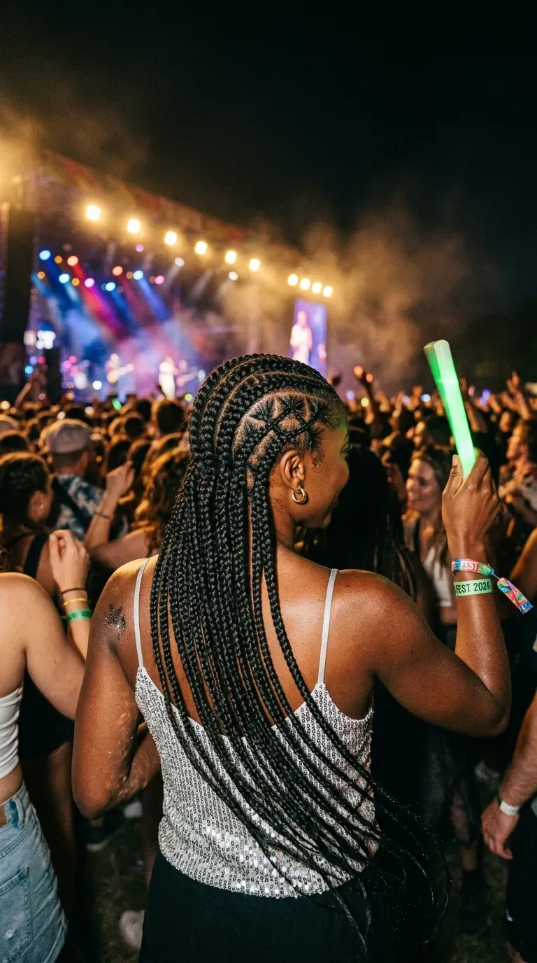 Criss cross feed in cornrows and long braids seen from behind at a concert