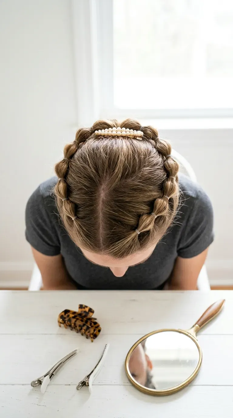 Overhead view of a crown bubble braid circling the head like a halo