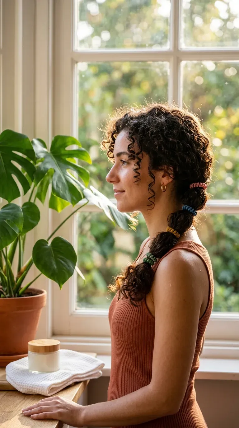 Side profile of curly hair in a loose bubble braid with springy defined curls