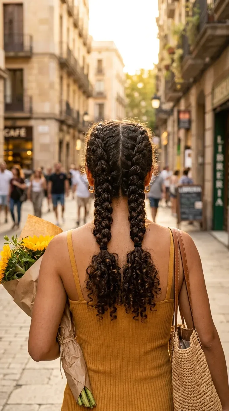 Back view of two defined Dutch braids on curly hair on a city street