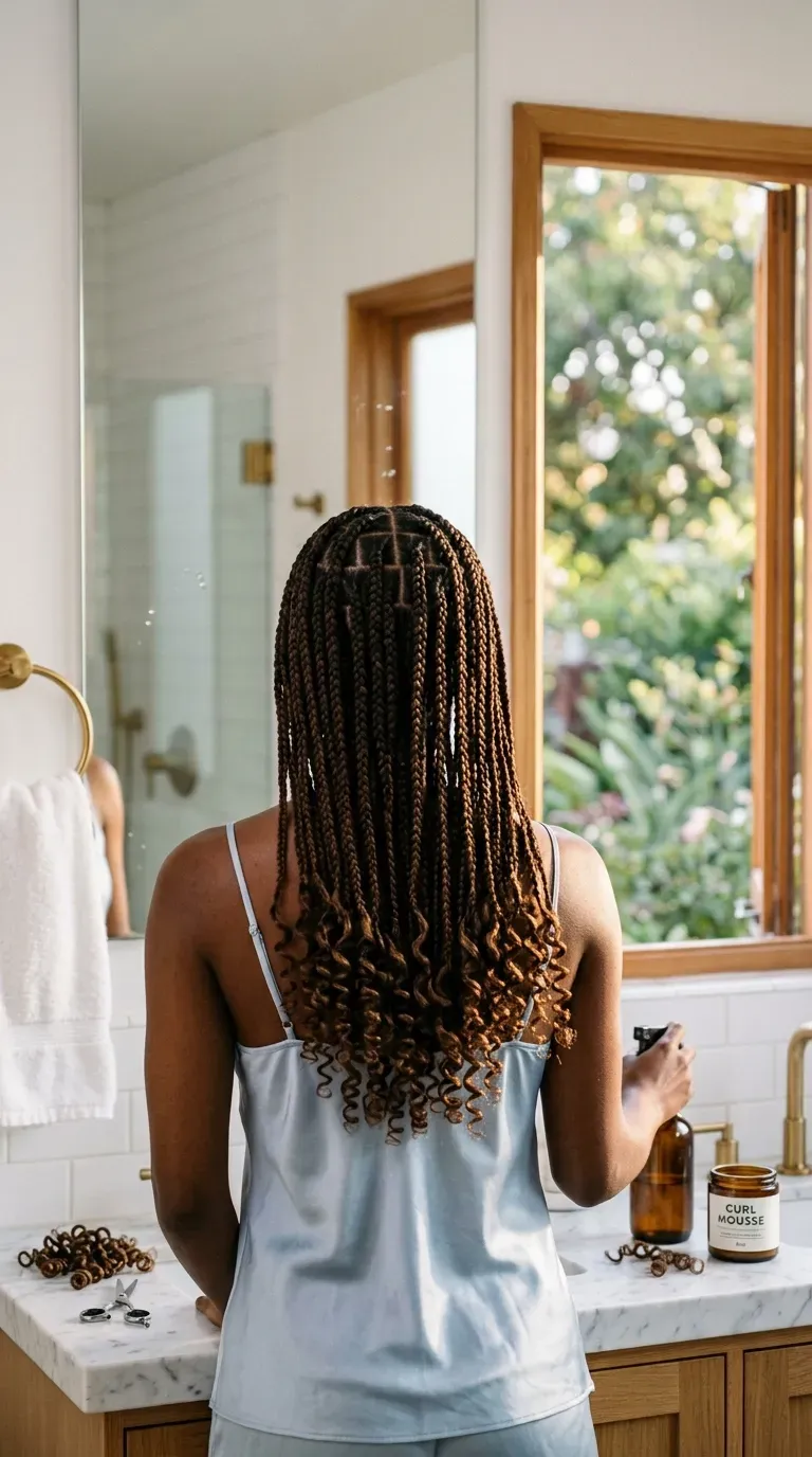 Deep side part boho knotless braids swept over one shoulder on a seaside balcony