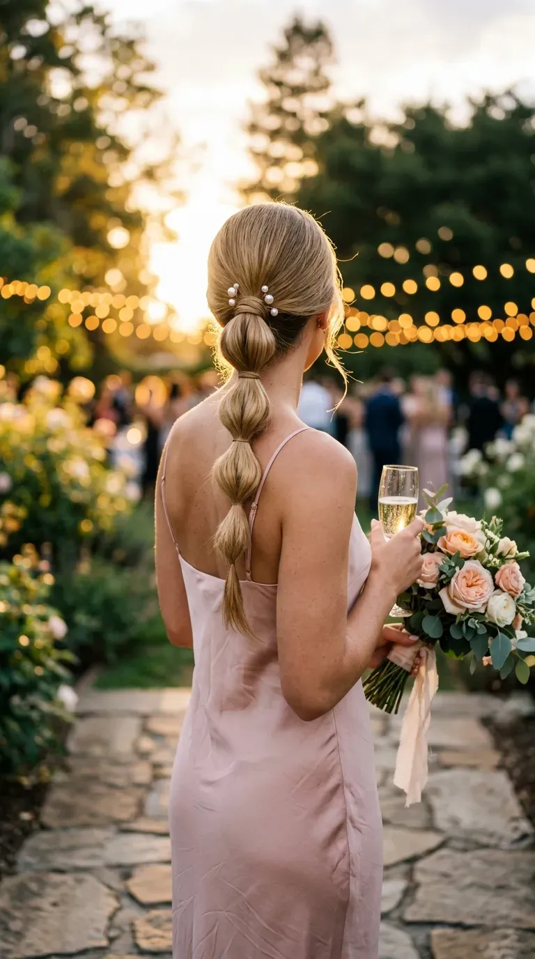 Polished bubble braid with pearl pins on a woman in a blush silk dress