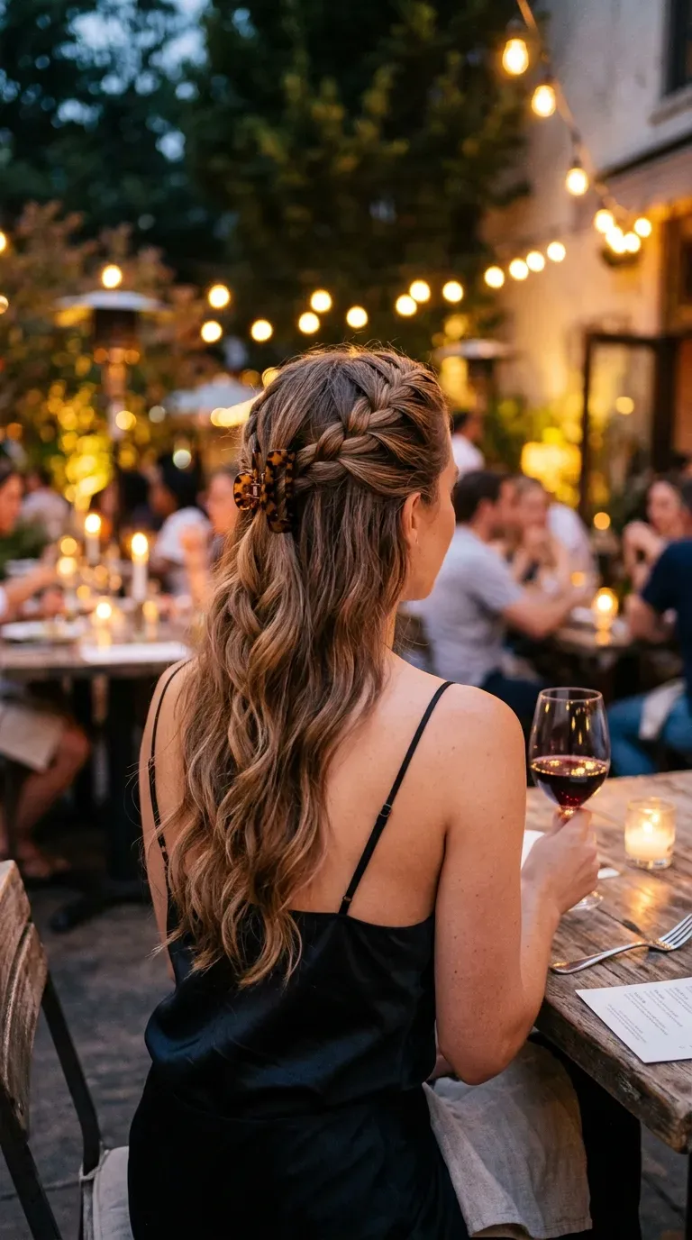 Half up Dutch braid finished with a flat claw clip on a candlelit patio