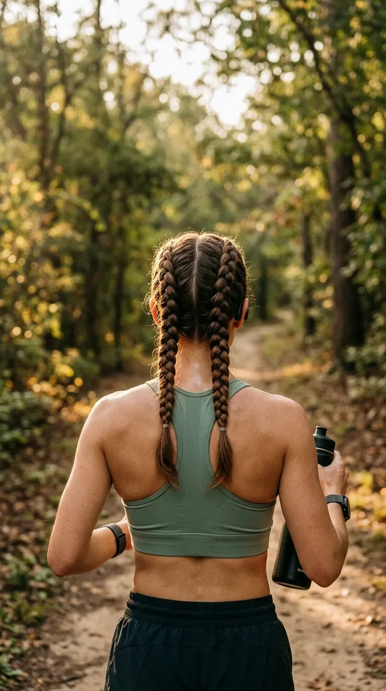 Back view of tight double dutch braids starting at the hairline on a trail run
