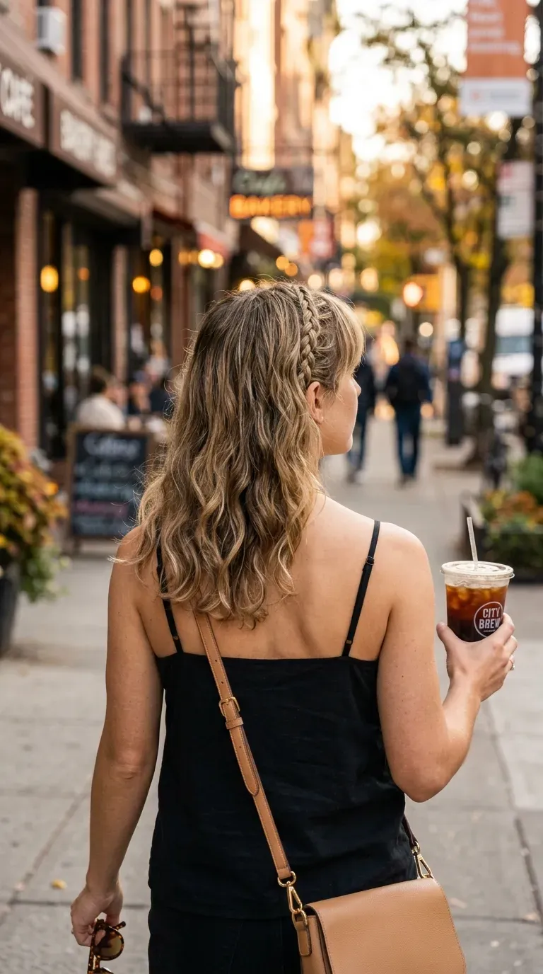 Back view of a thin Dutch braid headband holding growing out bangs on a sidewalk