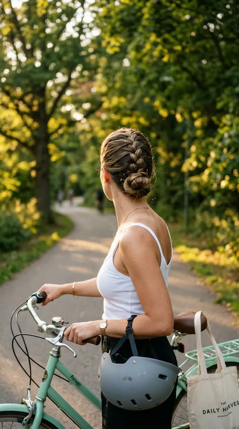 Three quarter back view of a flat Dutch braid low bun beside a bike
