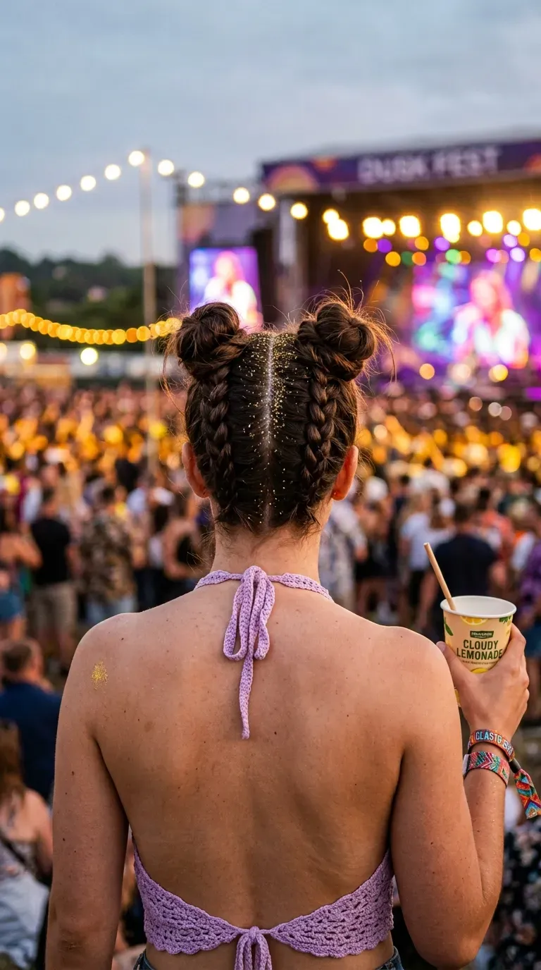Back view of two Dutch braids twisted into space buns at a festival
