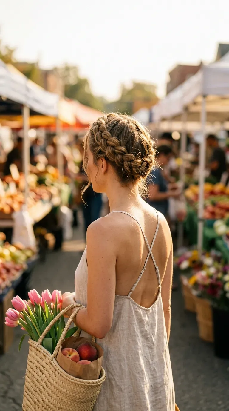 Close three quarter back view of a pinned Dutch crown braid at a market