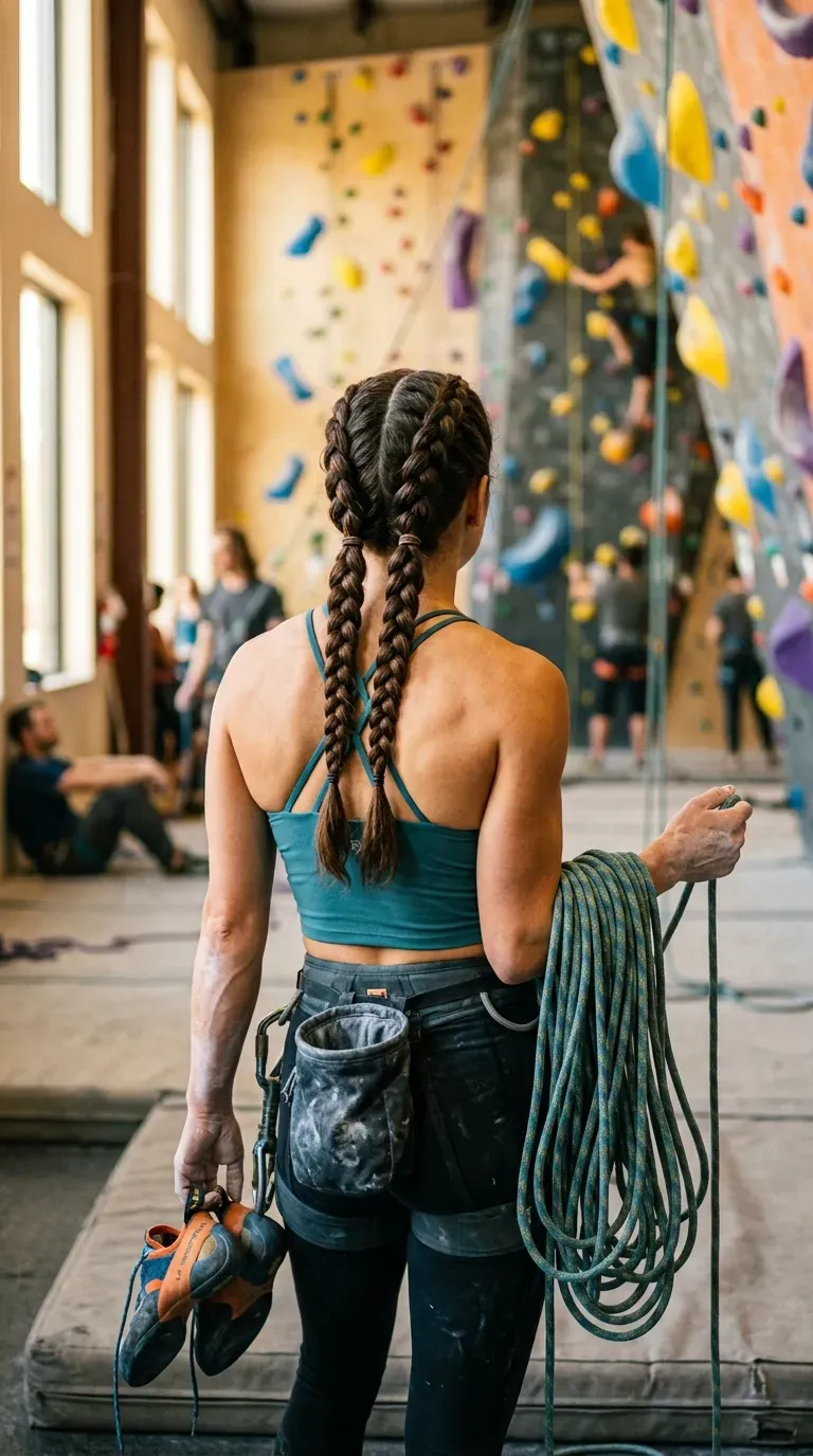 Four stacked Dutch braids on thick hair seen from behind in a climbing gym