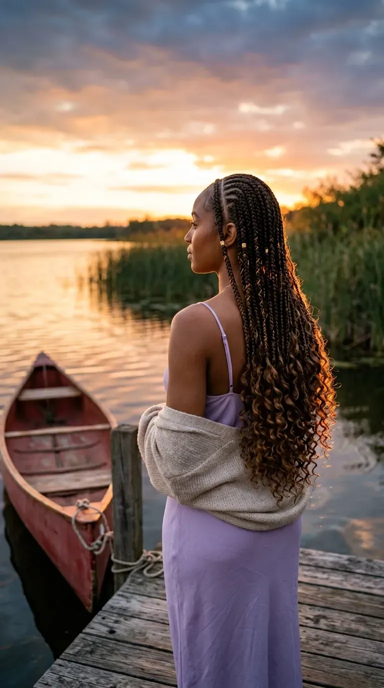 Braids ending in loose curly tips seen from behind on a lake dock