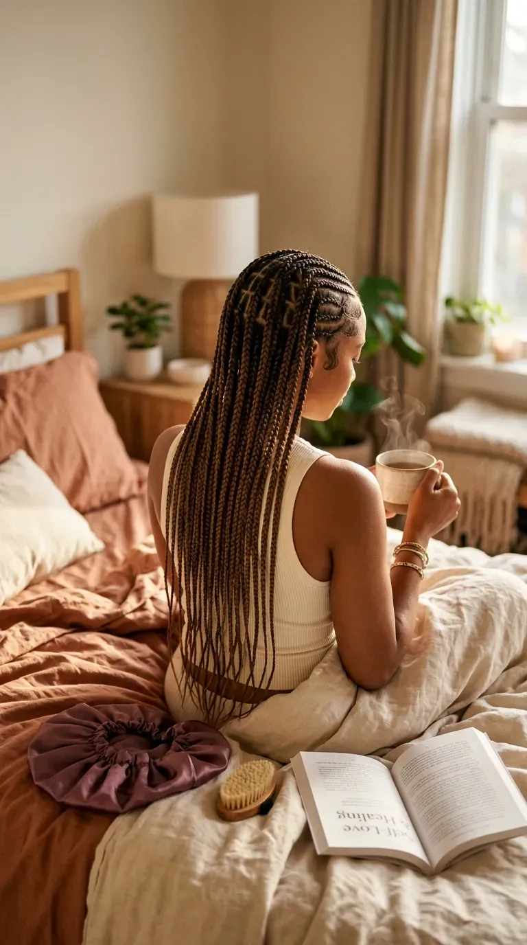 Three quarter back view of side braids stacked with gold cuffs at a rooftop dinner