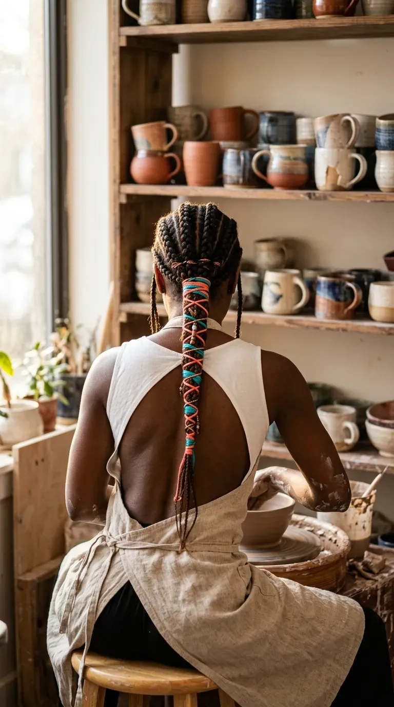 Half up braids with a small top knot at a farmers market, seen from behind