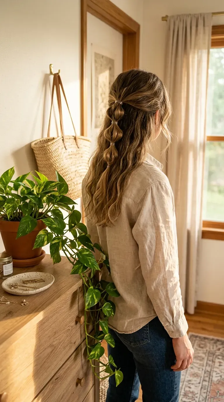 Half up bubble braid at the crown with long loose hair falling below the shoulders