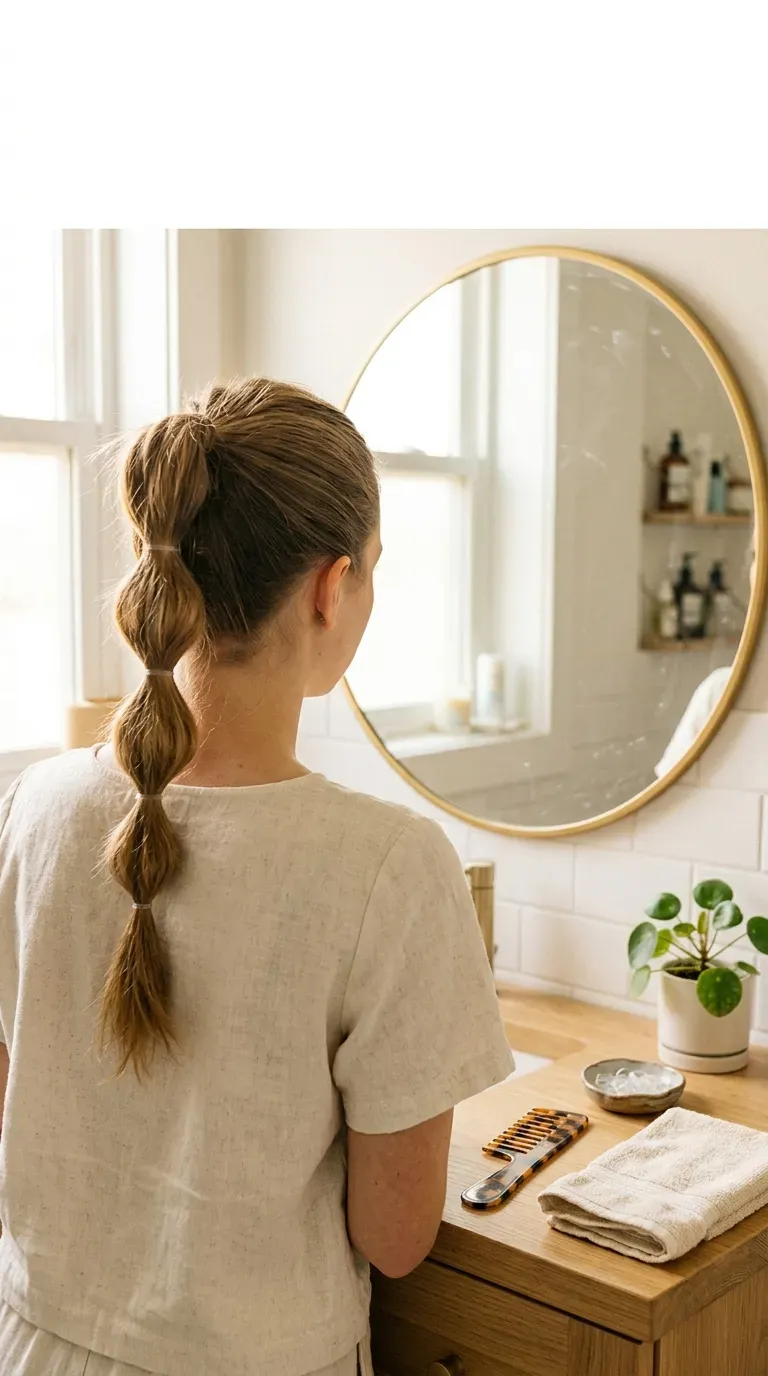 Beginner bubble braid hairstyles shown on a high ponytail with small clear elastics