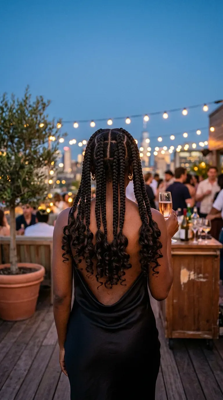 Jumbo knotless braids with loose curls on a woman at a rooftop party at dusk