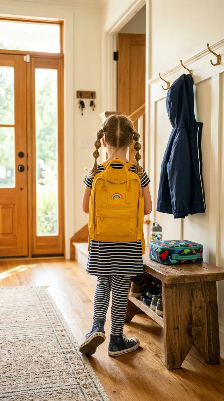 Young girl from behind with bubble pigtails and a yellow backpack in a hallway
