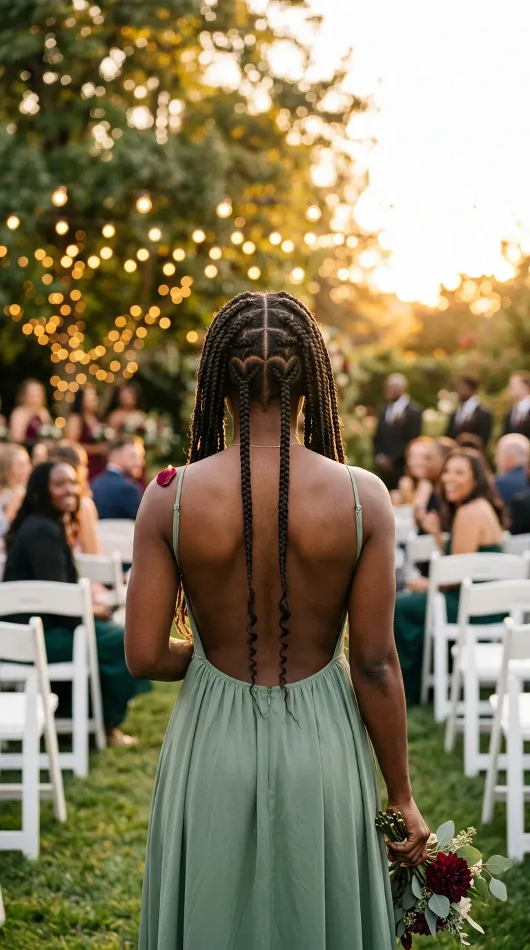 Knotless braids with a flat center cornrow seen from behind in morning window light