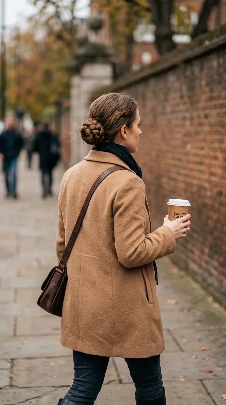 Low braided bun coiled at the nape above a camel wool coat collar