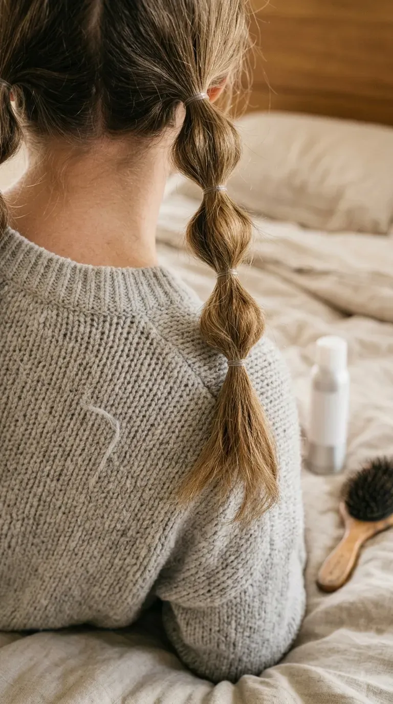 Two low bubble pigtails with clear elastics resting on a light grey knit sweater