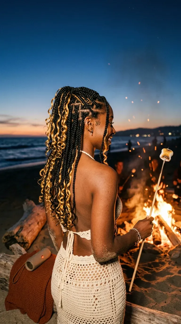 Low curly bun made from boho knotless braids at a garden wedding reception