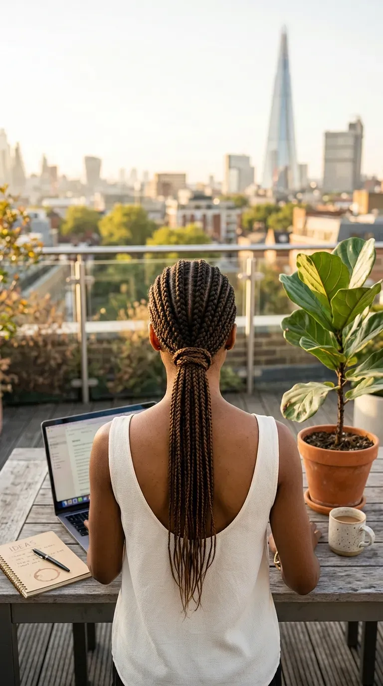 Low sleek ponytail of braids with visible cornrows seen from behind at work
