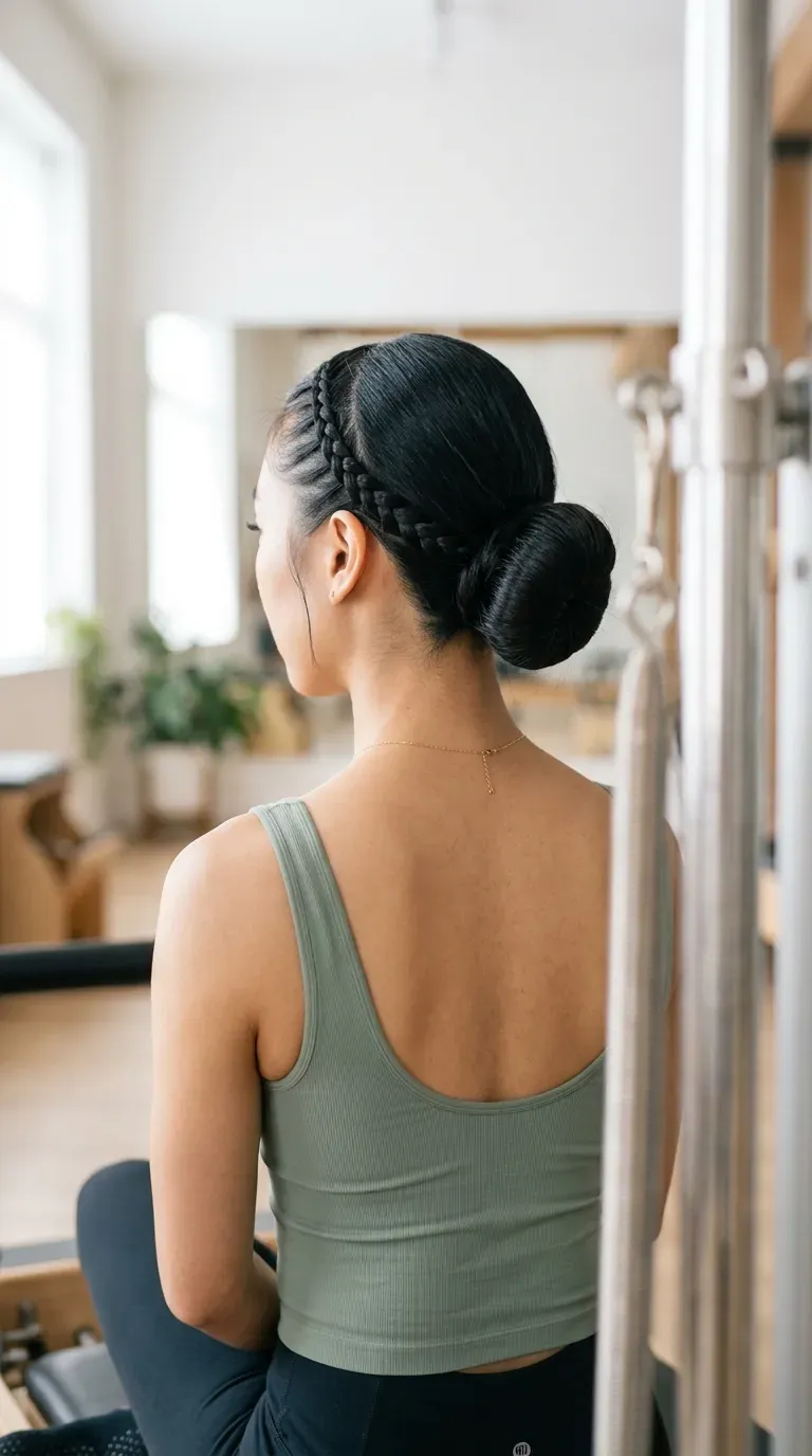 Close back view of tiny Dutch braids along the hairline leading into a bun