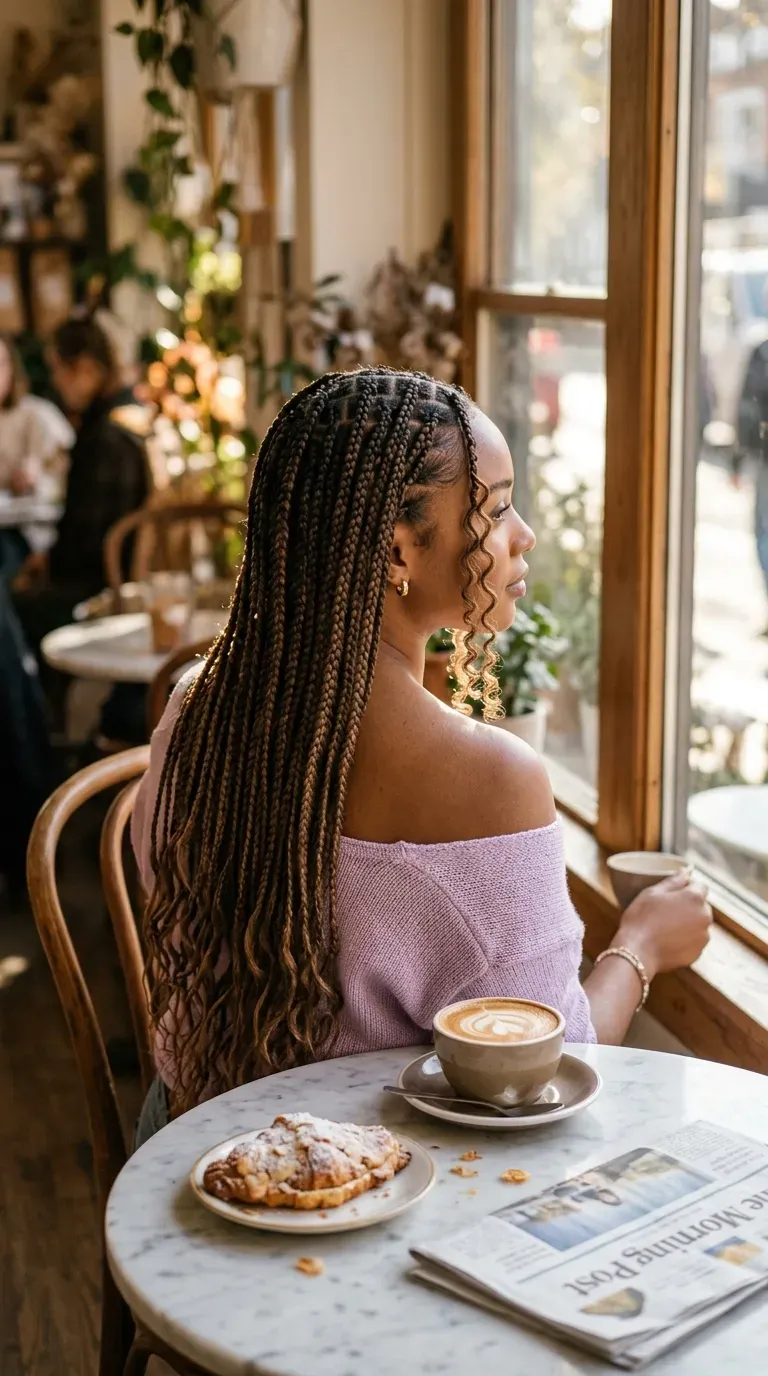Middle part boho knotless braids with loose curls framing the face at a cafe