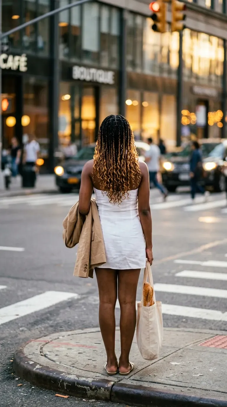 Ombre boho knotless braids with black roots and golden brown curls on a street