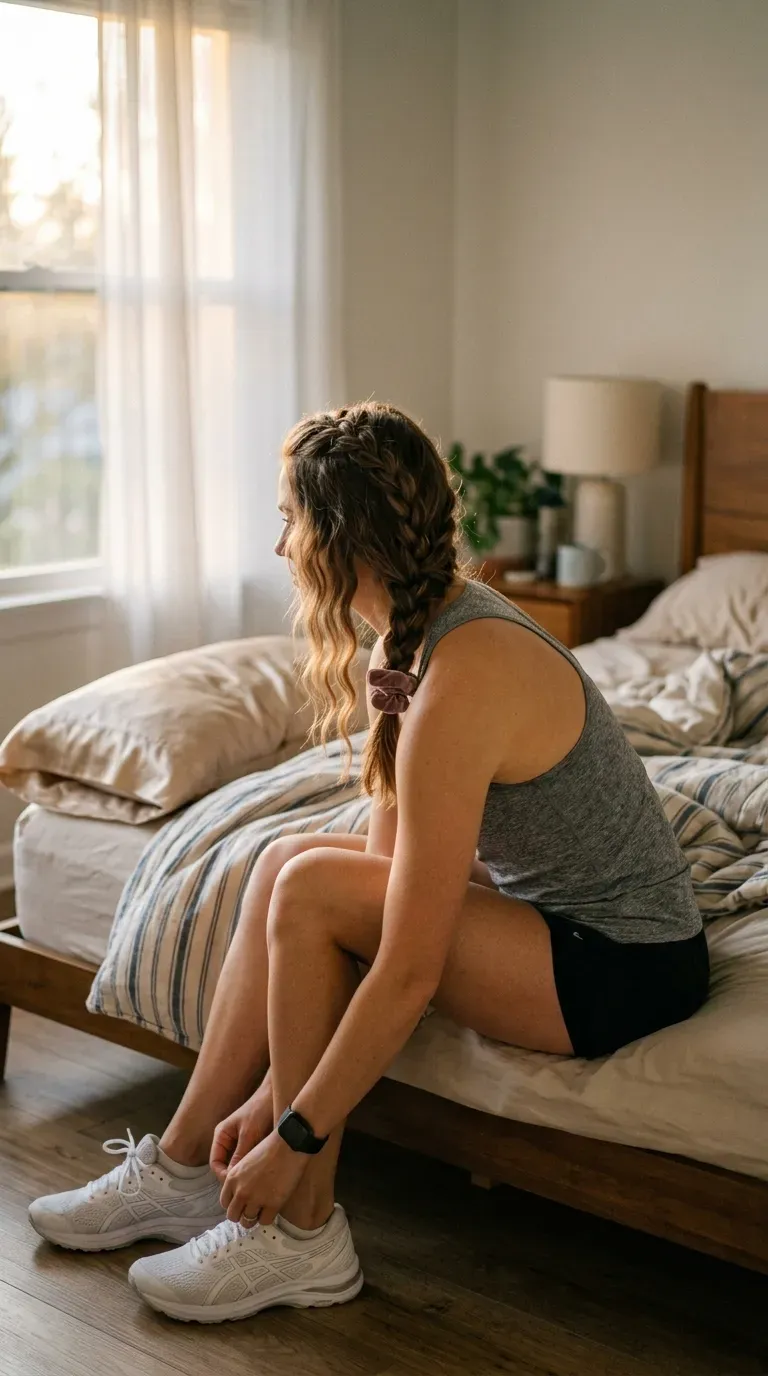 Half unbraided overnight Dutch braids showing soft waves in a sunrise bedroom