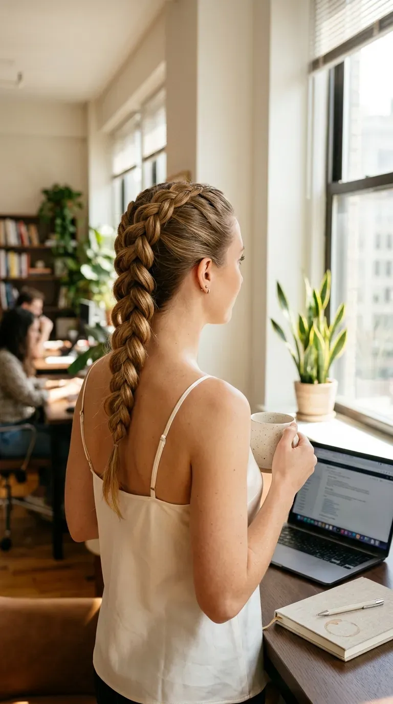 Soft pancaked Dutch braid with hidden pins seen from behind at a desk