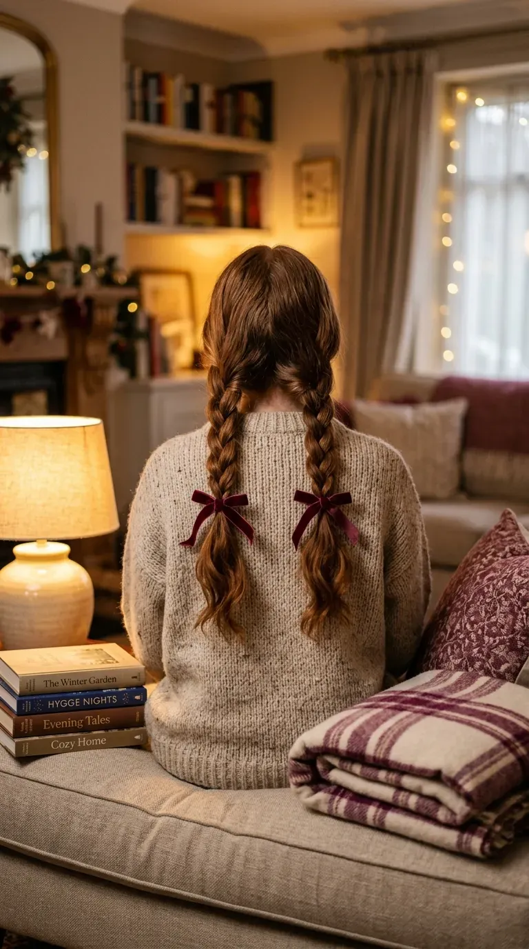 Two low braided pigtails tied with burgundy velvet ribbon bows on a knit sweater